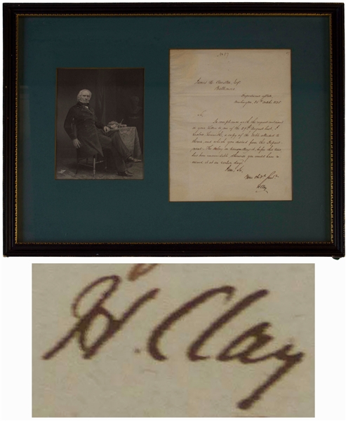 Henry Clay Letter Signed as Secretary of State -- Clay Was a Founding Member of the Whig Party, Formed in Opposition to the Politics of Andrew Jackson
